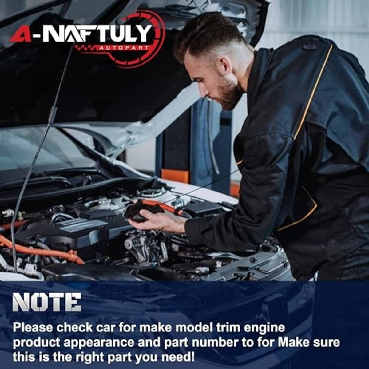 Engine bay technician inspecting a vehicle under open hood