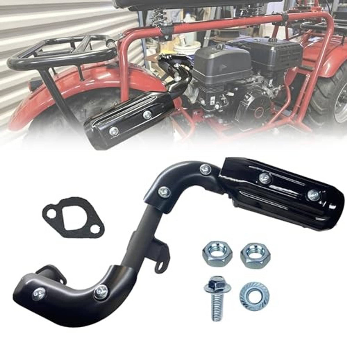 Black exhaust muffler with curved inlet pipe and mounting hardware pieces