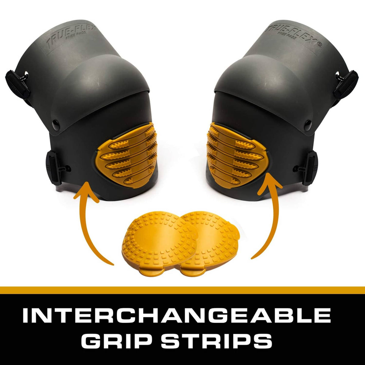 Pair of knee foam padding pads with dark gray shells and yellow anti-slip inserts