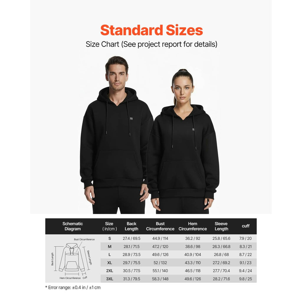 Unisex black heated hoodie jacket shown on models with adjustable hood and drawstrings