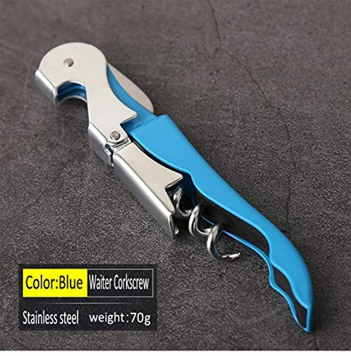 Blue waiter corkscrew wine opener with stainless frame and metal cork-pull lever