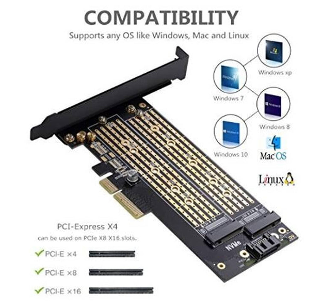 Dual M.2 SSD adapter card with angled heatsink and gold contact rails