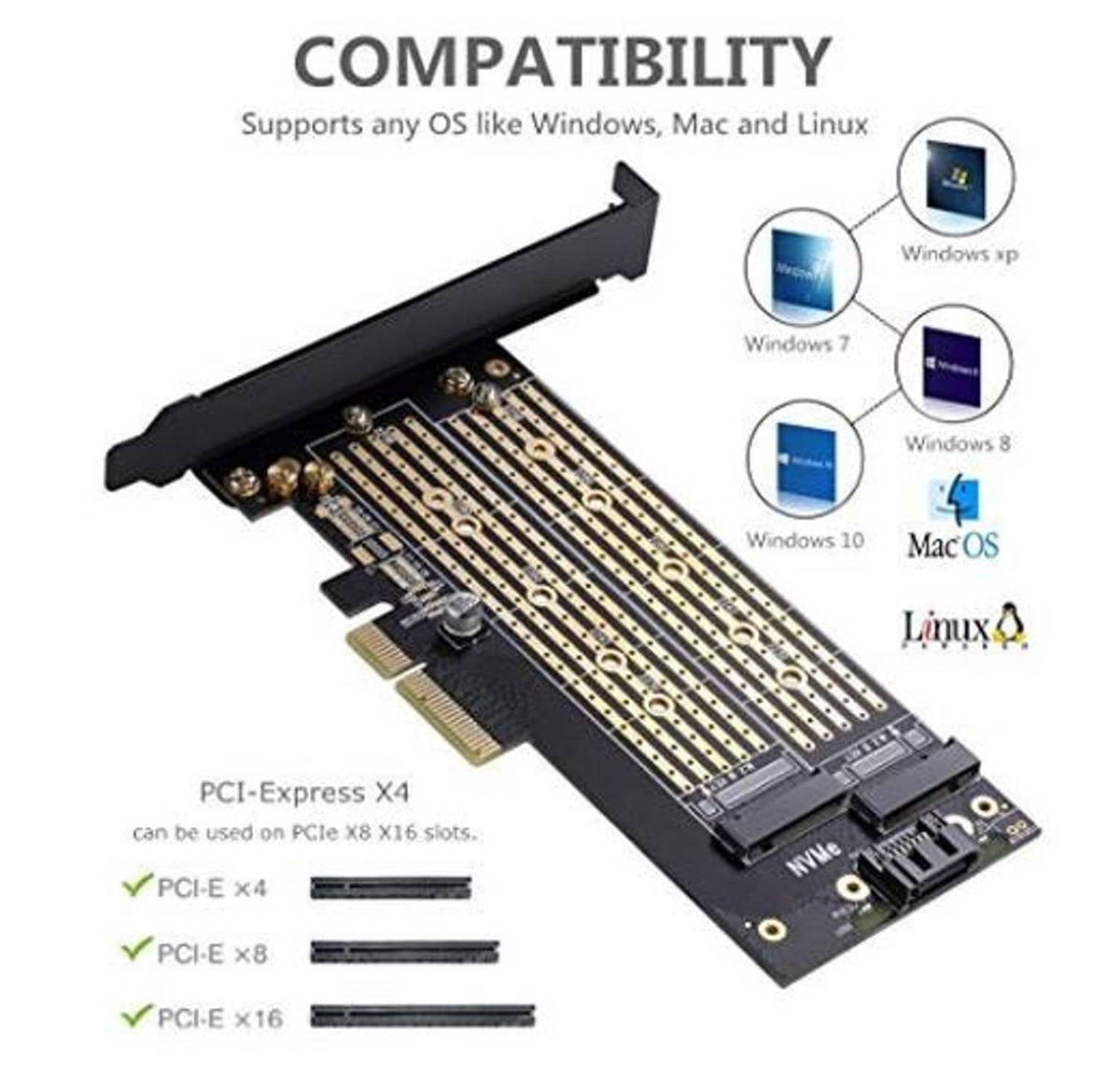 Dual M.2 SSD adapter card with angled heatsink and gold contact rails