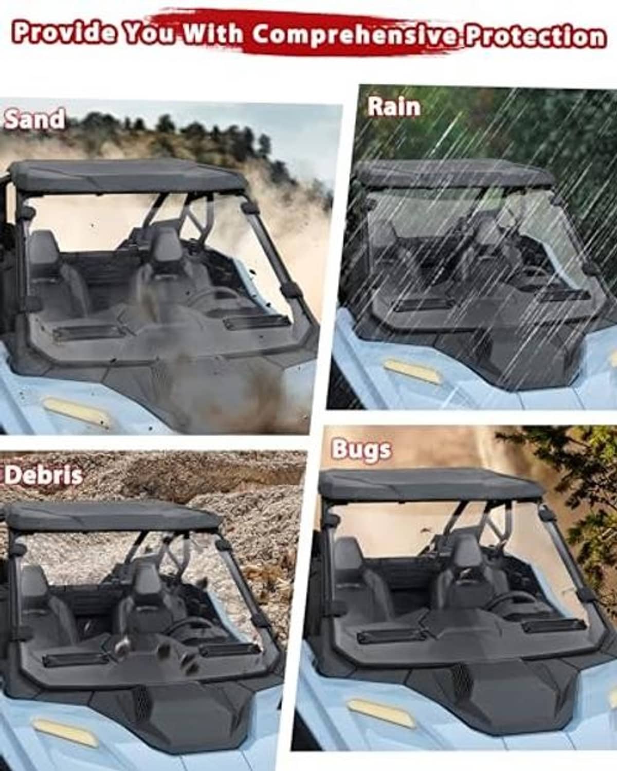 UTV front with clear windshield protecting from sand, rain, debris, and bugs (split view)