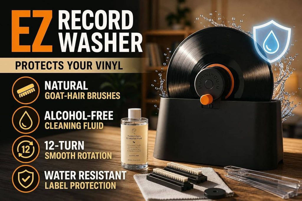 EZ record washer with natural goat-hair brushes and cleaning solution bottle