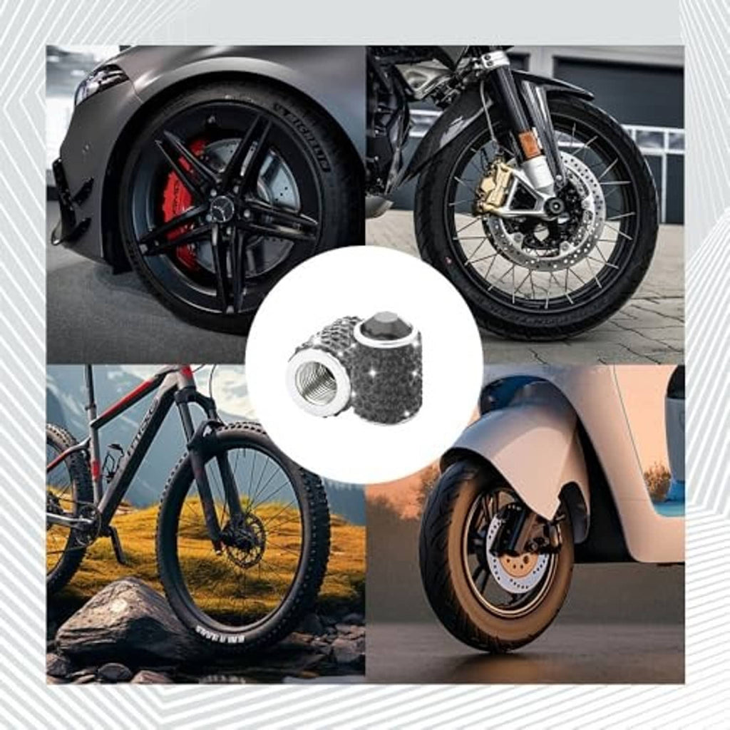 Rhinestone-look tire valve stem cap with dark black sparkle texture and chrome threads