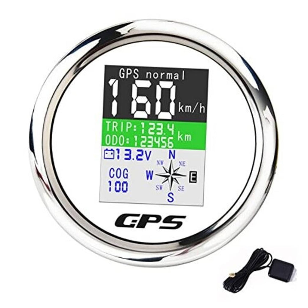 GPS speedometer gauge with chrome bezel; LCD shows km/h, TRIP, ODO, and compass points