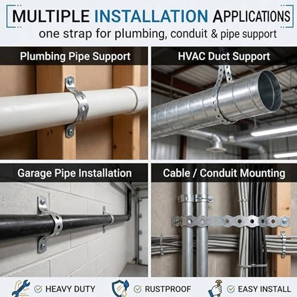 Perforated metal pipe strap shown mounting plumbing, HVAC duct, and cable