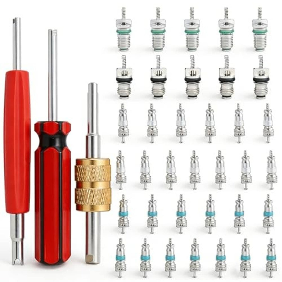 AC valve core kit with red handle core remover and multiple metal valve cores