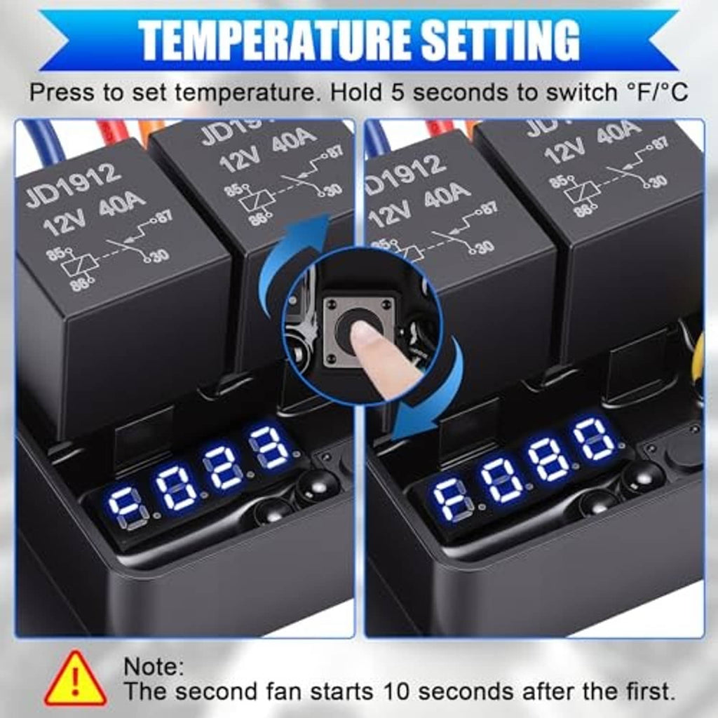 Radiator fan controller temperature setting display with switch knob and buttons
