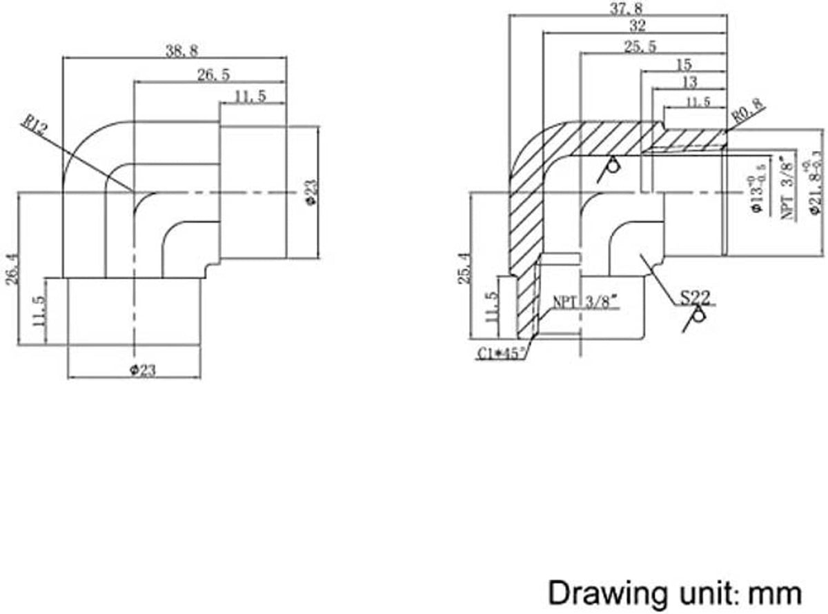 Dimensional technical drawing of a 90-degree stainless steel elbow pipe fitting (mm)