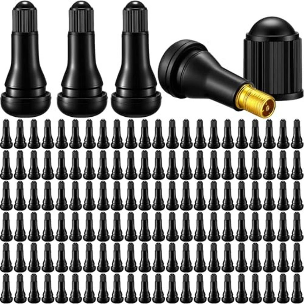 Black snap-in tubeless valve stems pack with brass valve core and ribbed rubber caps