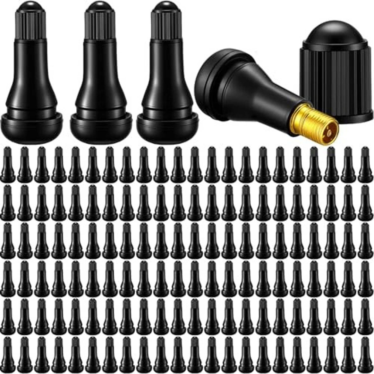 Black snap-in tubeless valve stems pack with brass valve core and ribbed rubber caps