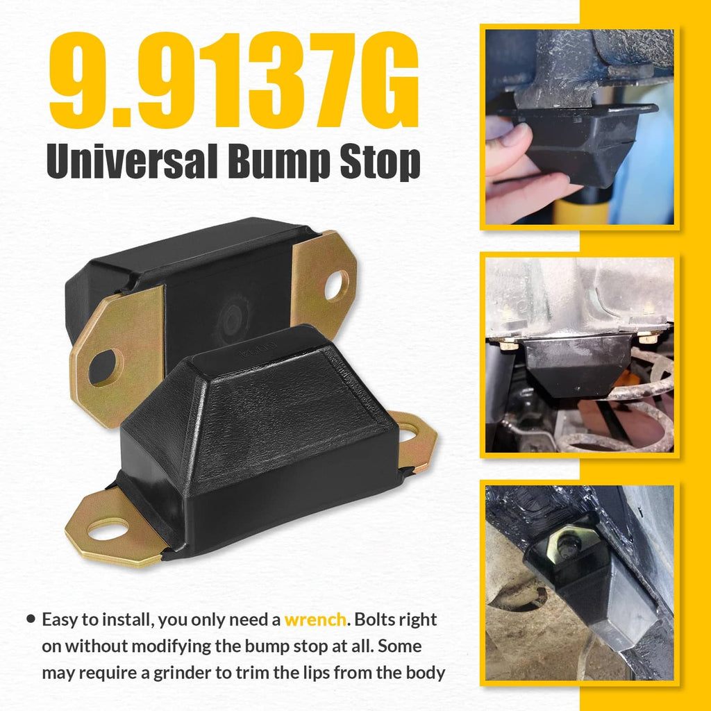Universal bump stop set with black rubber bump stops and brass-colored mounting plates