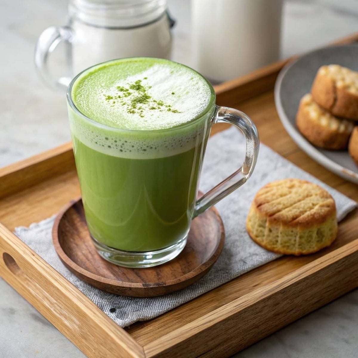 Matcha green tea in a clear mug with frothy foam