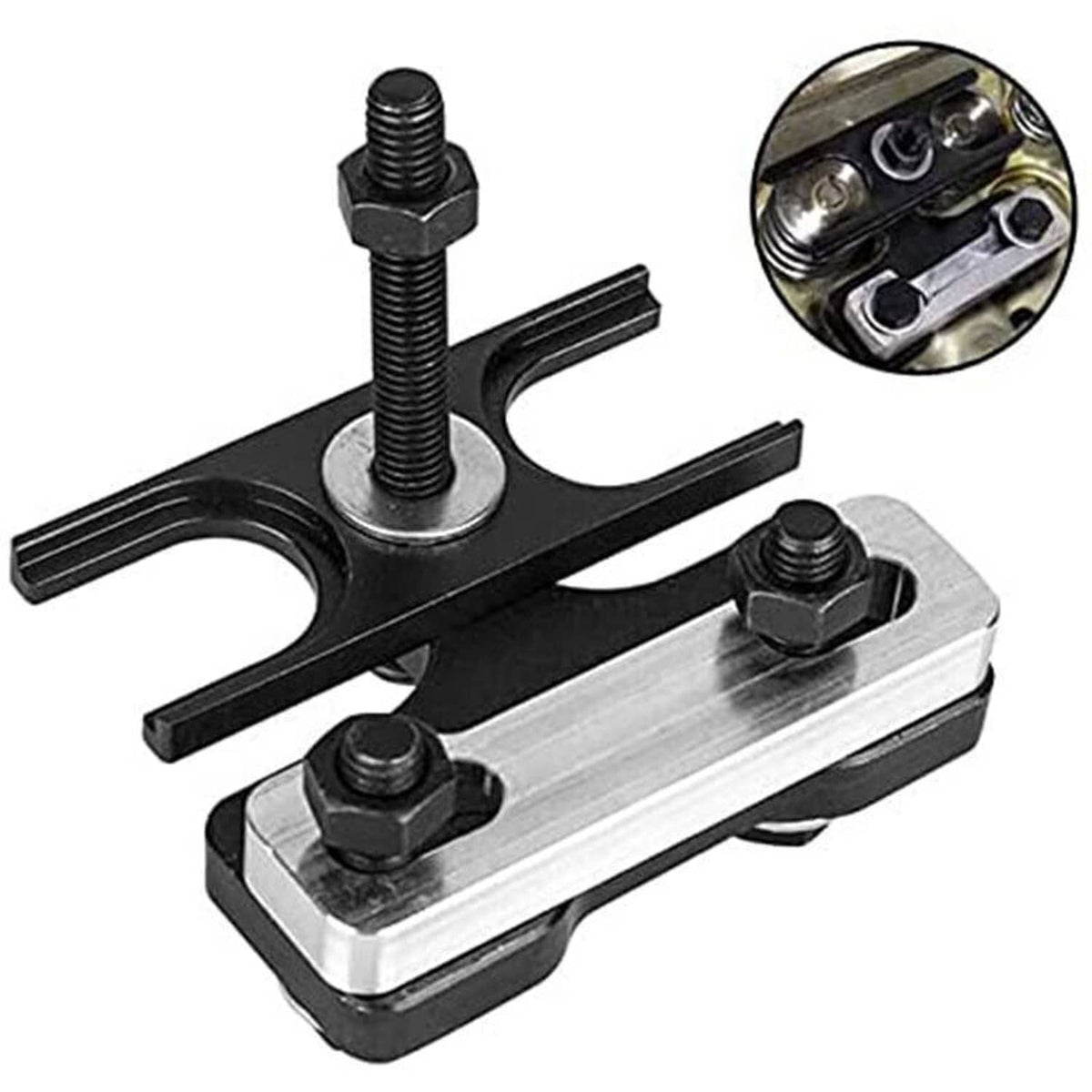 Valve spring compressor tool with black arms, silver base bar, three threaded bolts