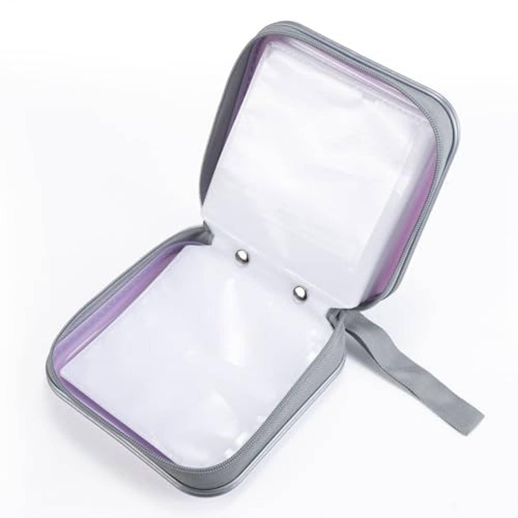Open lavender hard CD/DVD case with clear interior sleeve and gray carry strap