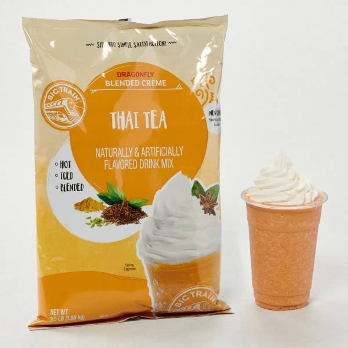 Big Train Dragonfly Thai Tea blended creme mix bag with prepared iced drink cup