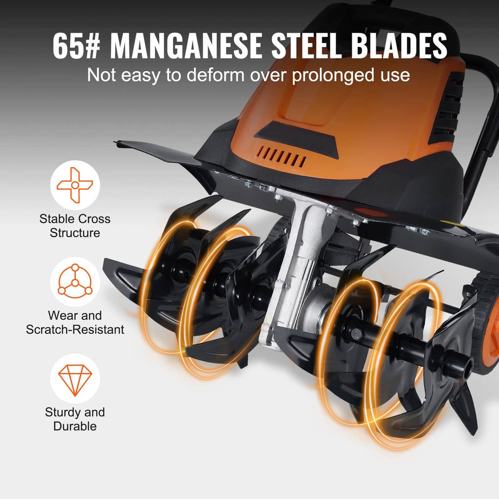 Electric tiller with orange housing and multiple black rotating tine blades, close-up