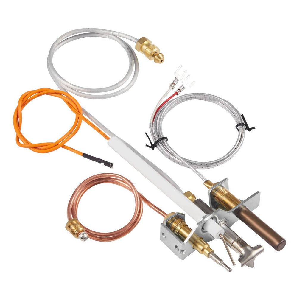 Gas pilot assembly with braided tubing, brass fittings, and ignition wire harness