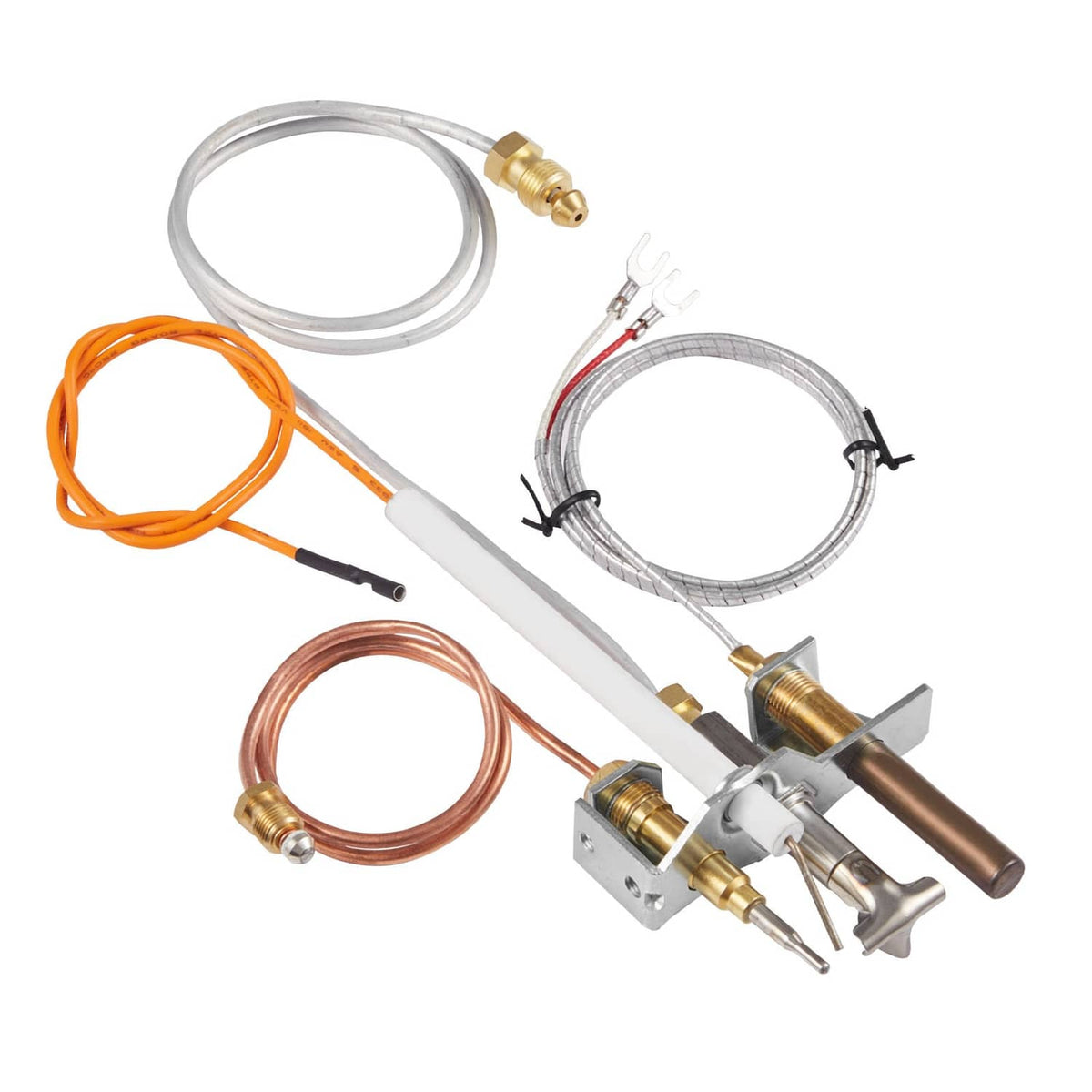 Gas pilot assembly with braided tubing, brass fittings, and ignition wire harness