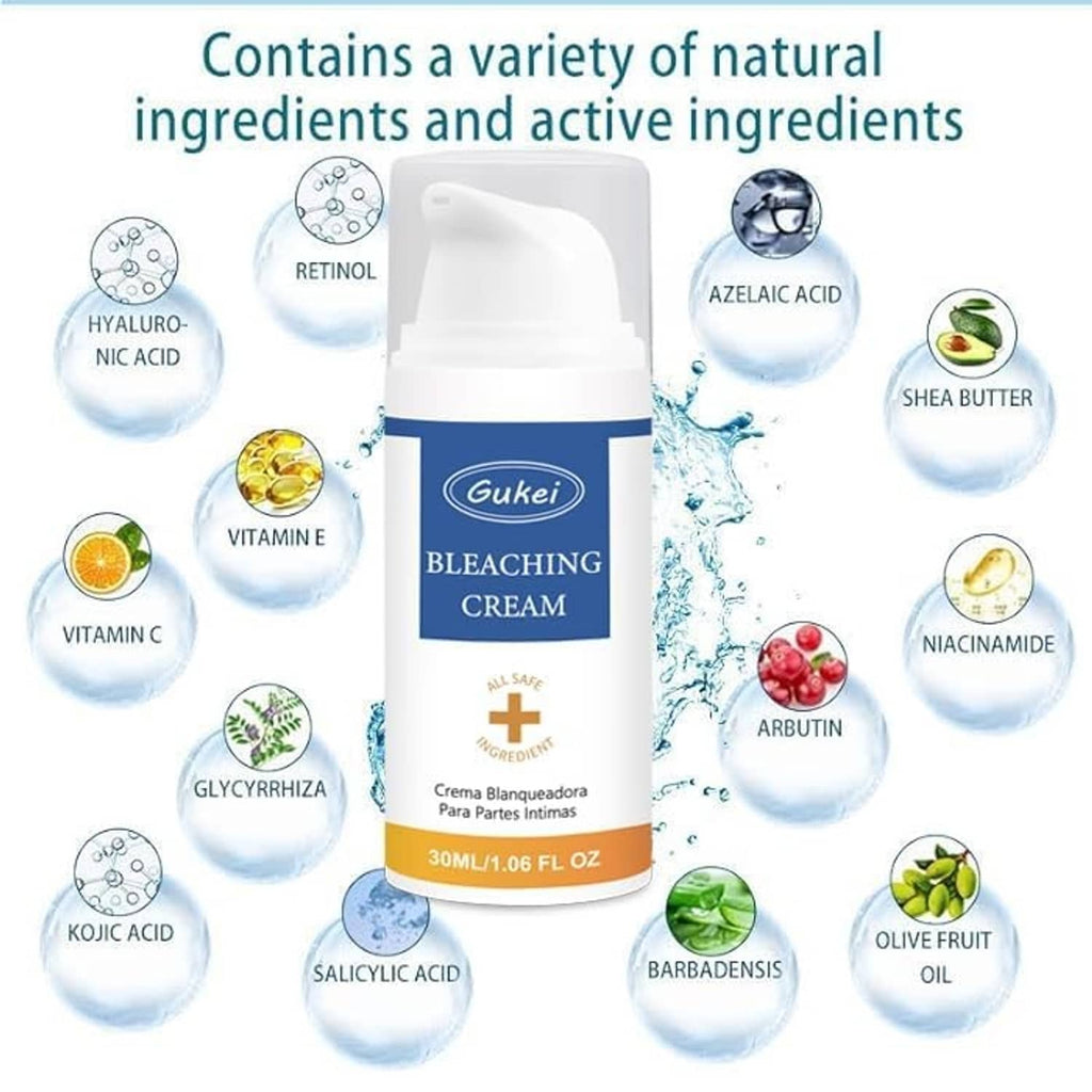 Bleaching cream bottle with blue-and-white label and ingredient icons around