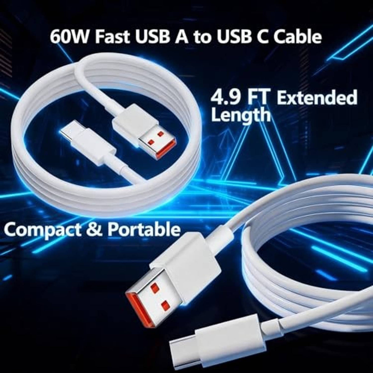 White USB-A to USB-C charging cable, 4.9 ft, with orange USB-A contacts