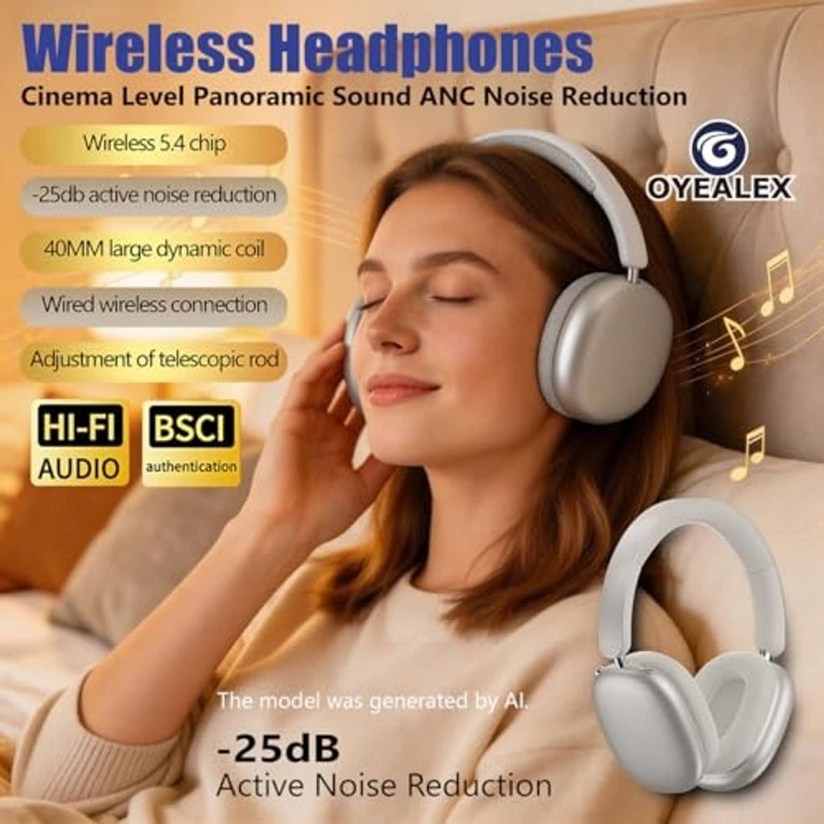 Silver over-ear headphones worn on a model, showing padded earcups and headband