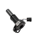 Black throttle grip assembly with coiled spring housing and electrical connector