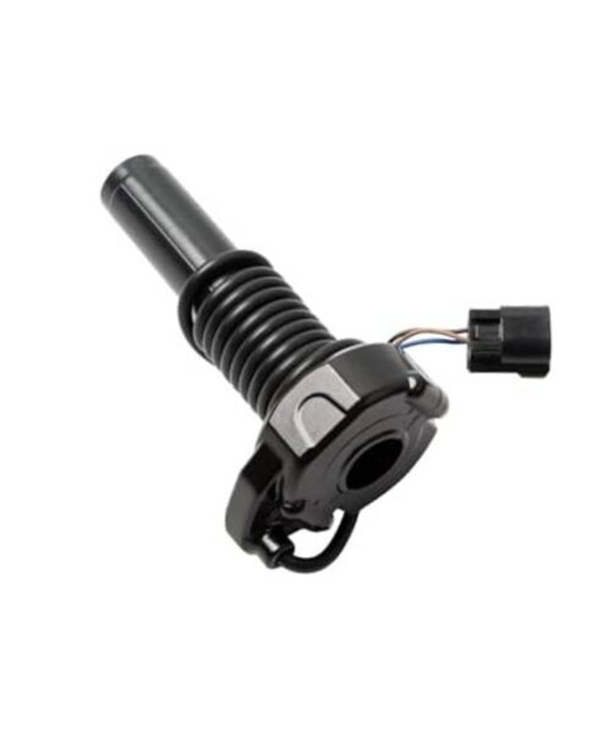 Black throttle grip assembly with coiled spring housing and electrical connector
