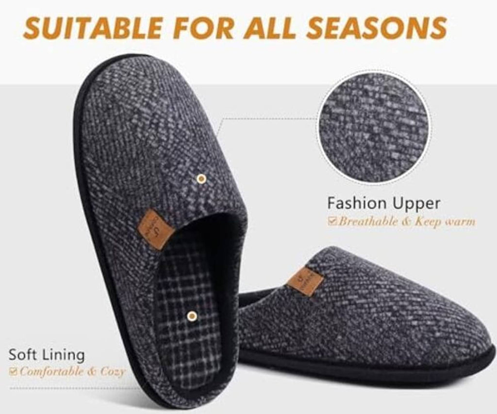 Pair of slip-on slippers, dark heather knit with black trim and plaid lining