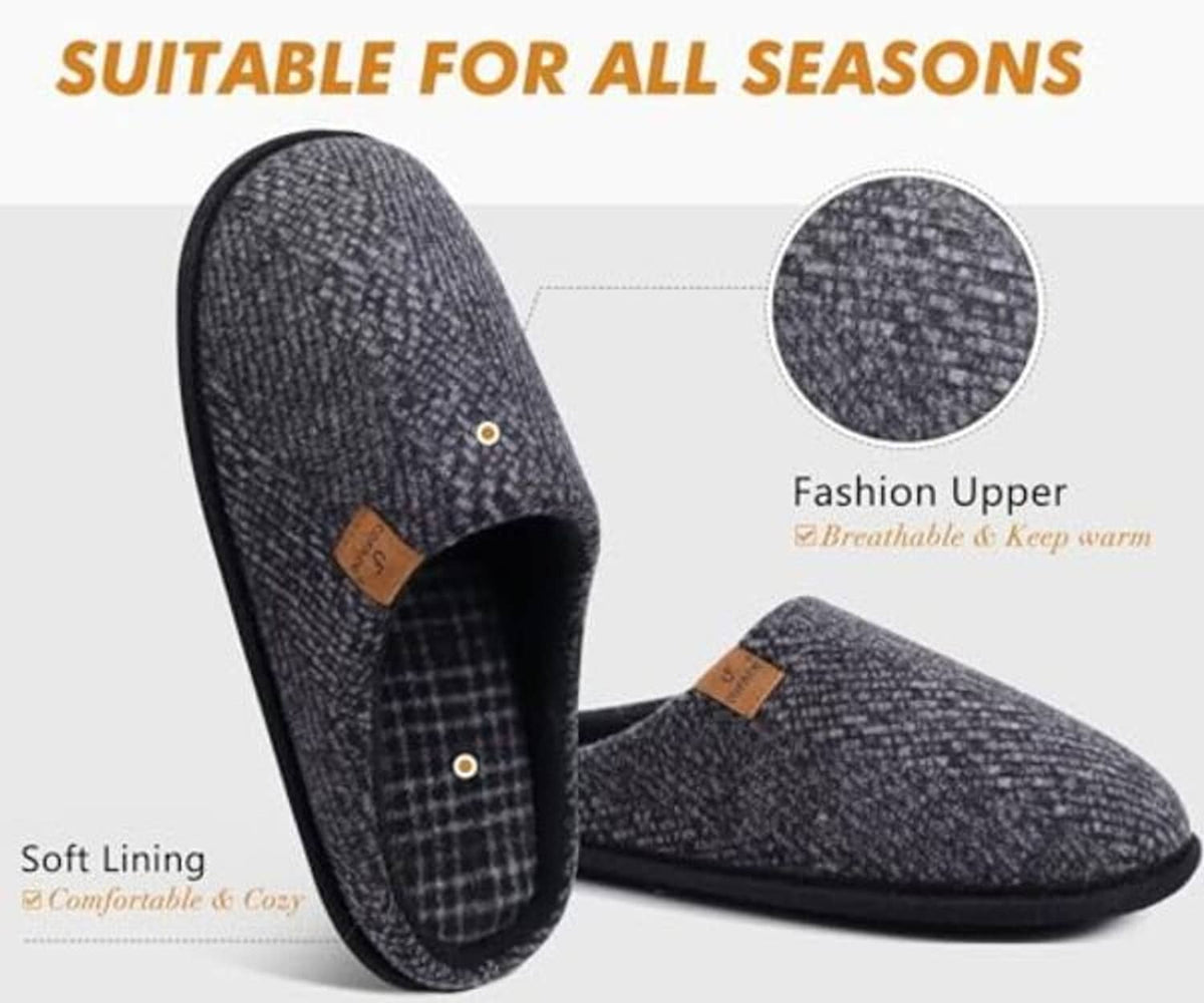 Pair of slip-on slippers, dark heather knit with black trim and plaid lining