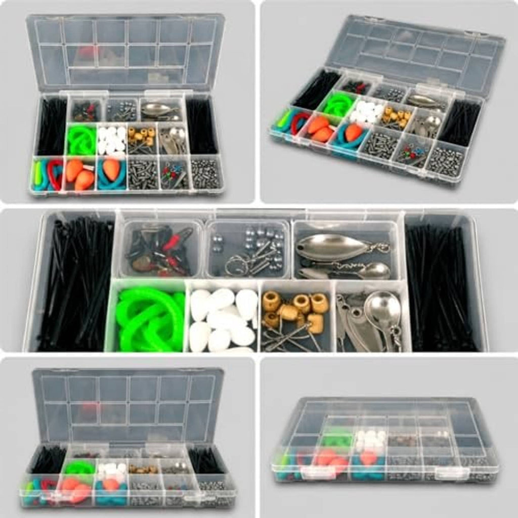 Clear plastic tackle box organizer showing open and closed views with 13 compartments