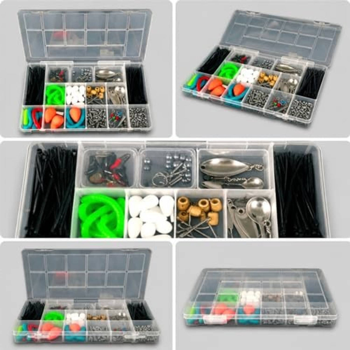 Clear plastic tackle box organizer showing open and closed views with 13 compartments