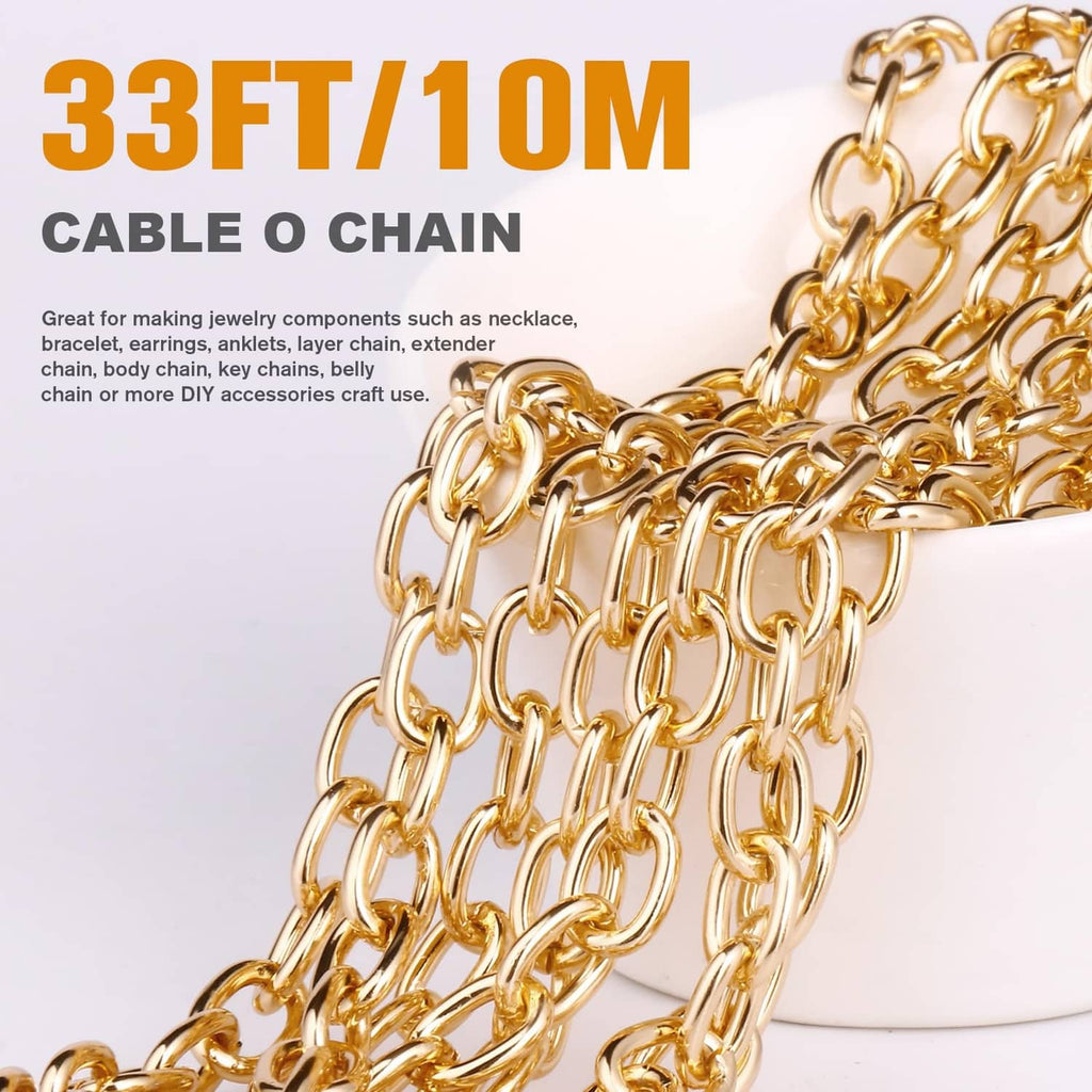 Gold rolo cable chain coil with oval links, shown on a white spool background