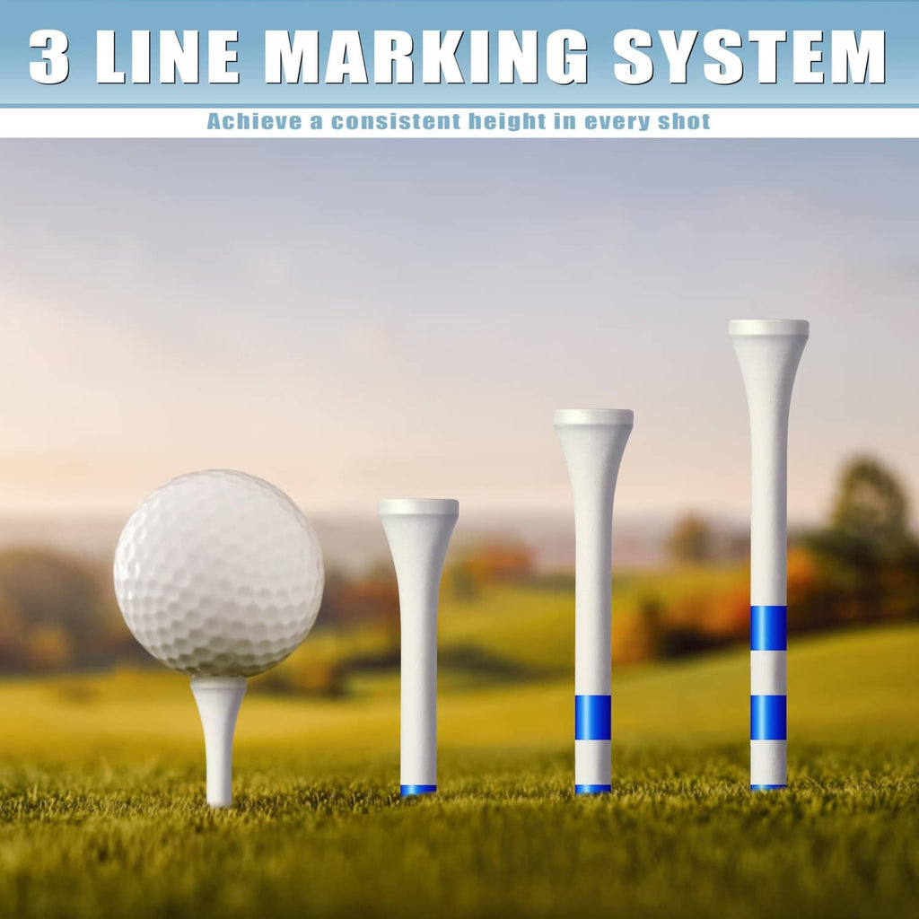 Wood golf tees standing upright on grass, with blue-and-white striped bands and white heads