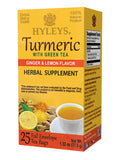 Turmeric green tea herbal supplement tea bag box with ginger and lemon flavor