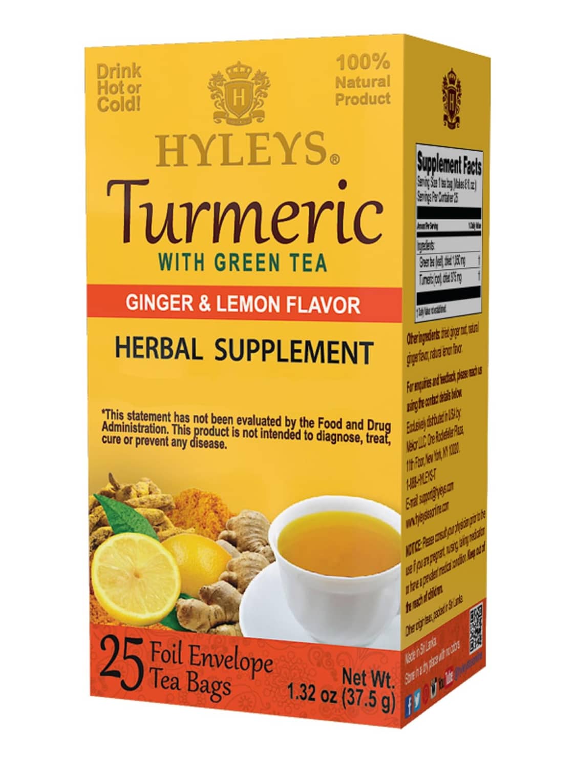Turmeric green tea herbal supplement tea bag box with ginger and lemon flavor