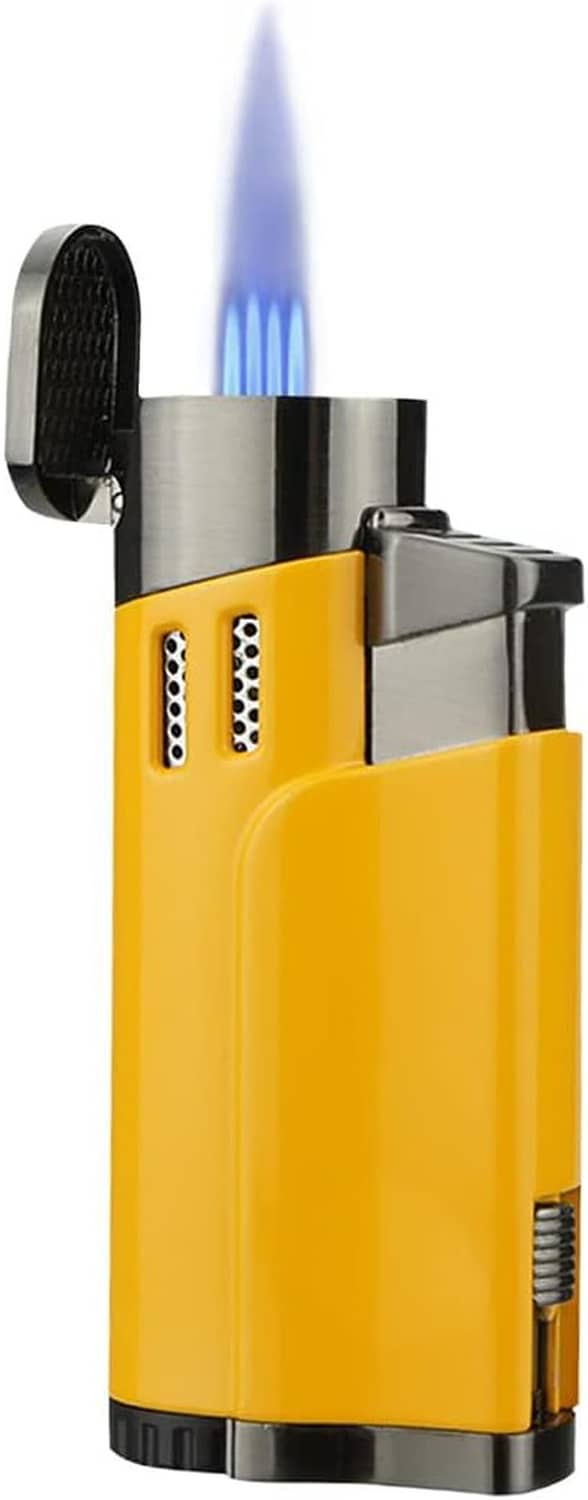 Yellow windproof torch lighter with flame, perforated side panel detail