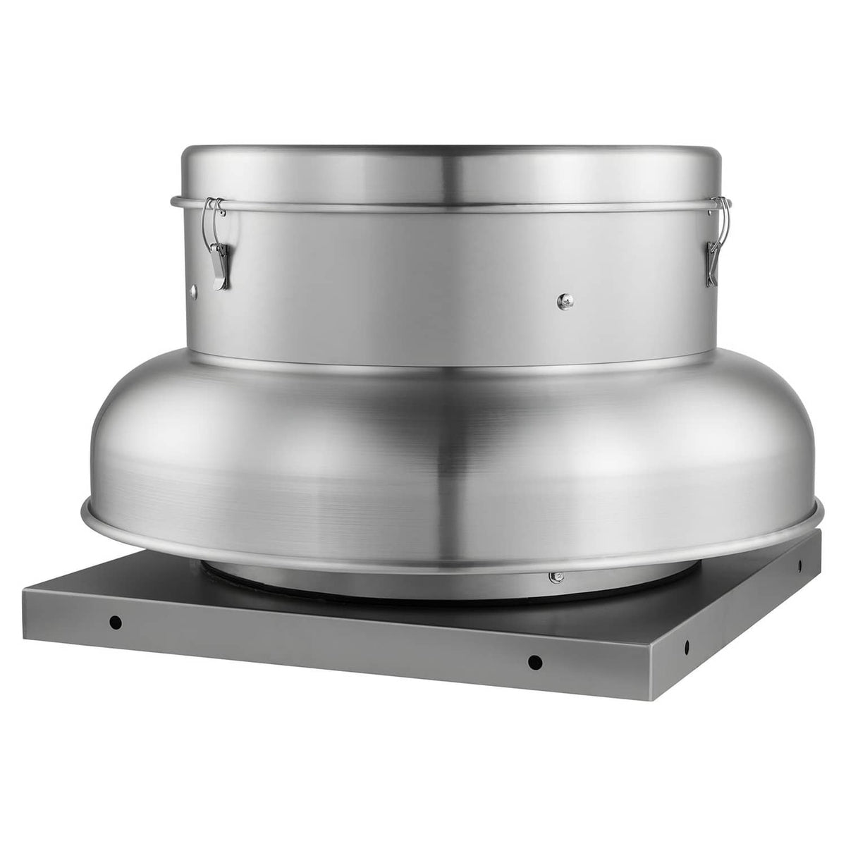 Roof exhaust fan with domed housing, back straps, and square mounting base