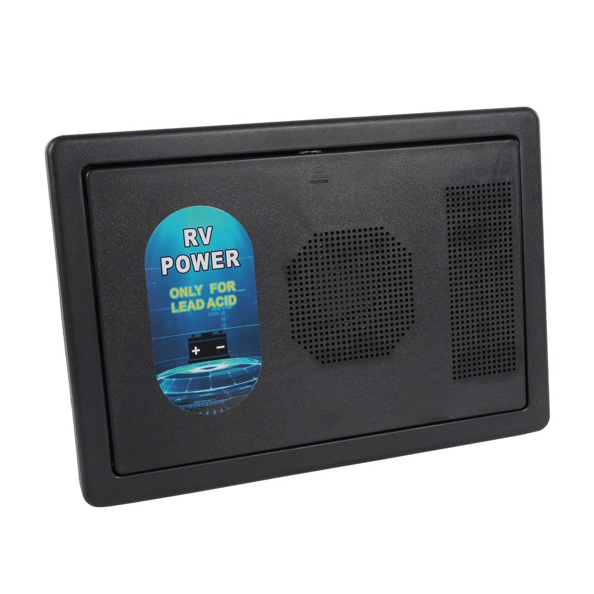 Black RV power converter front panel with RV Power lead-acid sticker and vent grilles