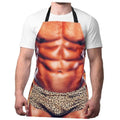Muscular-print cooking apron with black neck straps and leopard waist hem