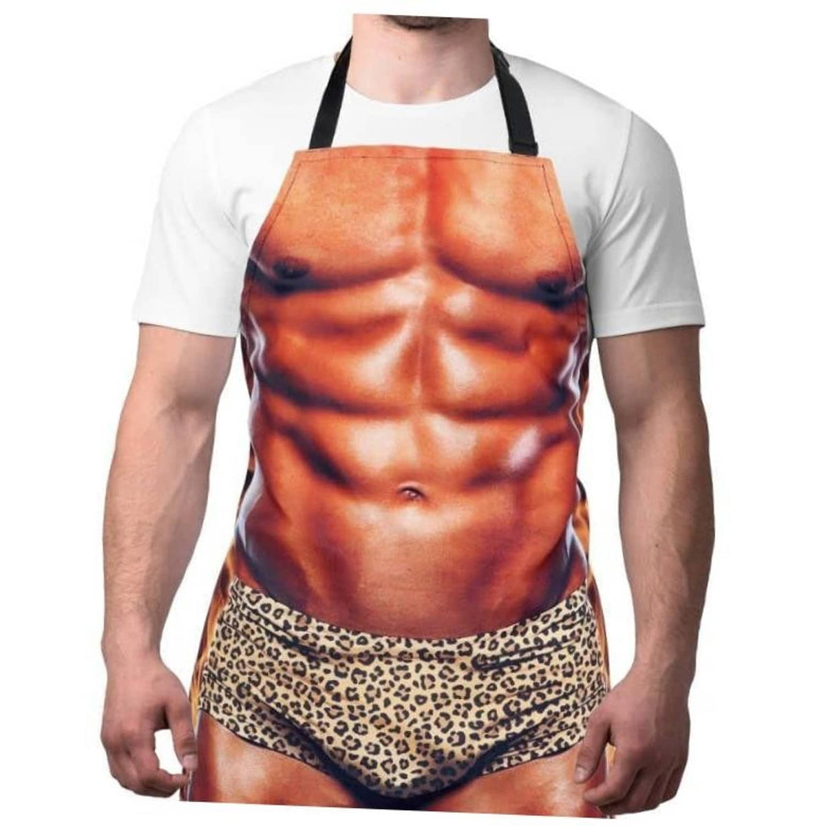 Muscular-print cooking apron with black neck straps and leopard waist hem