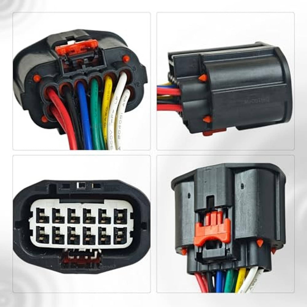 Headlight connector pigtail with black housing, visible terminals, and wiring harness