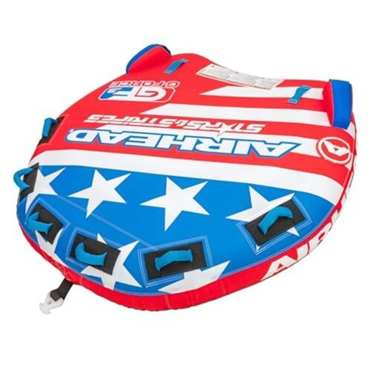 Inflatable towable tube, red and blue stars-and-stripes cover with corner grip straps