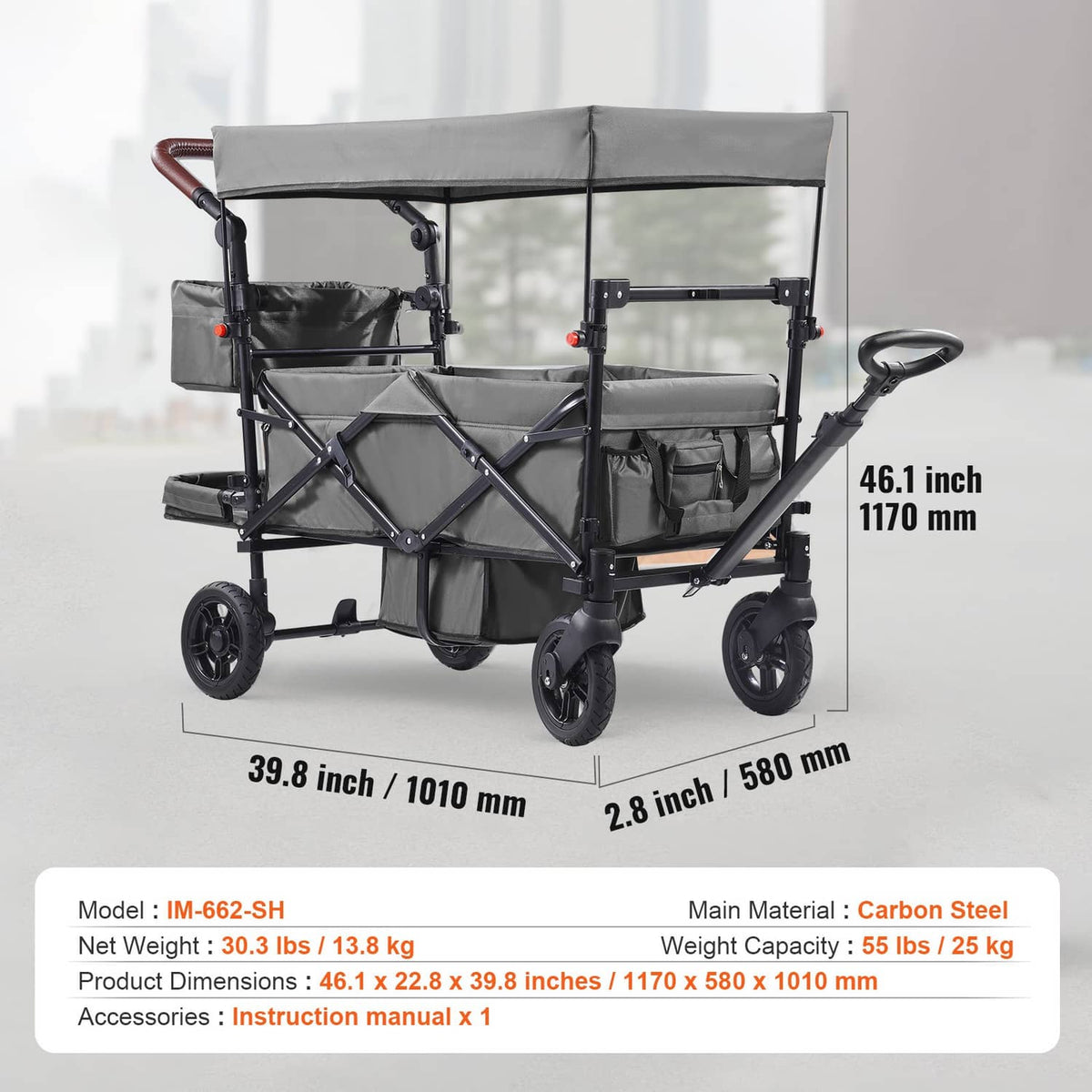 Double wagon stroller with dark gray canopy, two seats, and hanging storage organizer