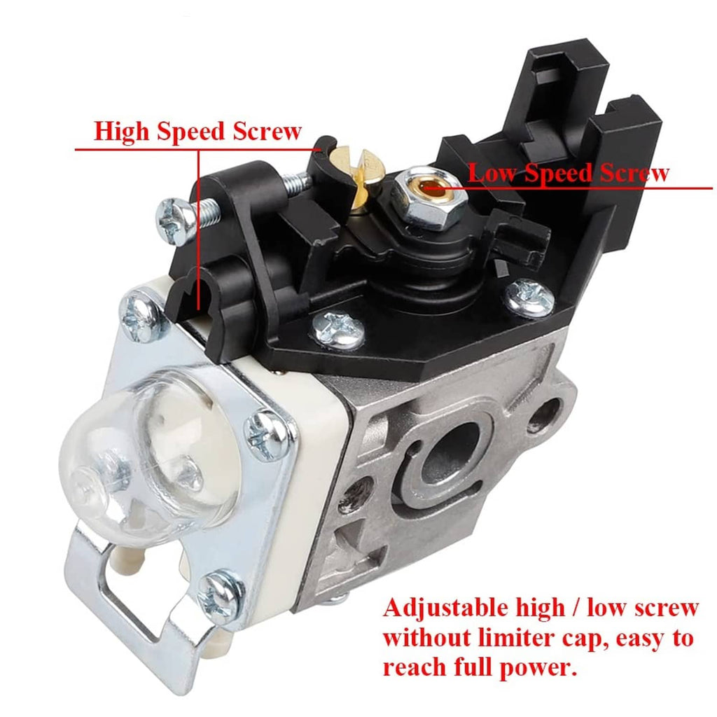 Carburetor adjustment screw view with air intake and metal housing