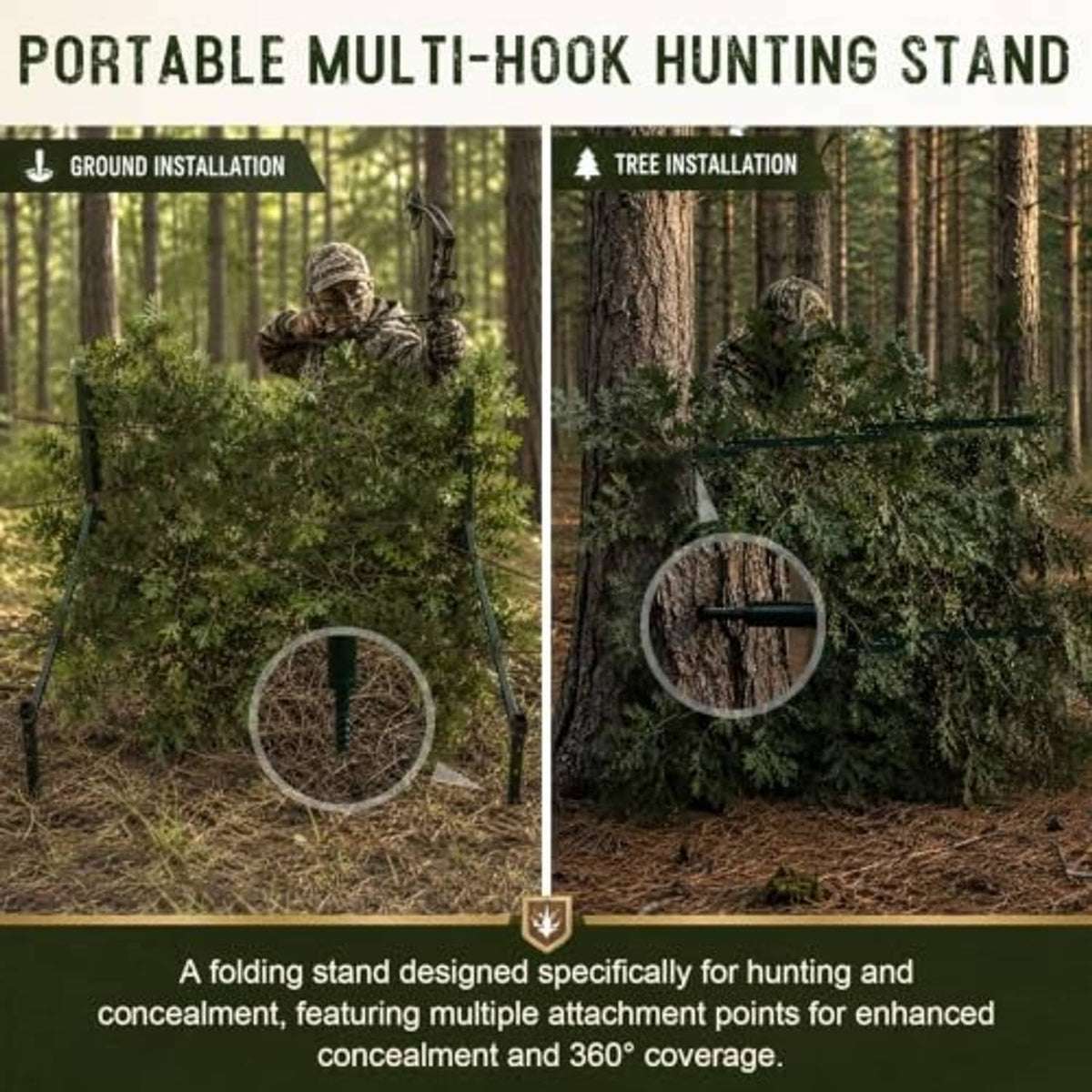 Portable multi-hook hunting stand with green rails for ground or tree concealment