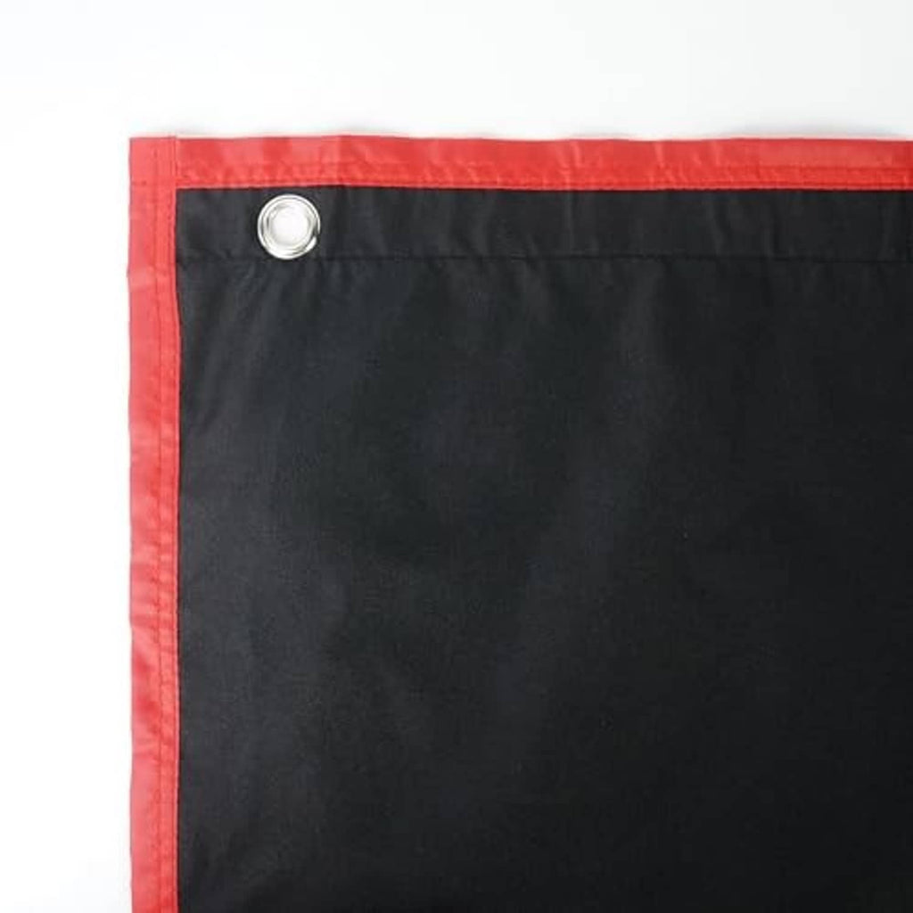 Strike zone training backdrop, red-edged black fabric with silver eyelets and white rectangle frame
