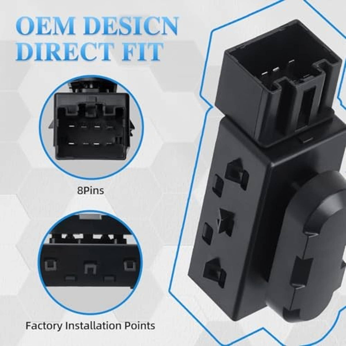 Black OEM-fit power seat switch with multi-pin connector and socket openings
